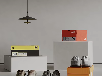 Shoes Display With Branded Boxes On White Platforms In Minimalist Background 3d model