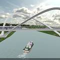 Modern Arched Bridge Design With Train On Deck River Below Green Grass And Road 3d model
