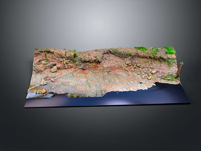 Detailed Terrain Model Showcasing Natural Rocks Vegetation Soil Layers And Water 3d model