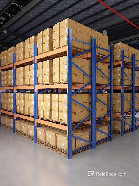 Industrial Warehouse Storage Shelves With Neatly Arranged Cardboard Boxes On Multiple Levels 3d model 