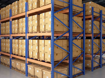 Industrial Warehouse Storage Shelves With Neatly Arranged Cardboard Boxes On Multiple Levels 3d model