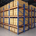 Industrial Warehouse Storage Shelves With Neatly Arranged Cardboard Boxes On Multiple Levels