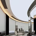 Modern Hair Salon Interior With Circular Design Mirrored Walls And White Styling Chairs