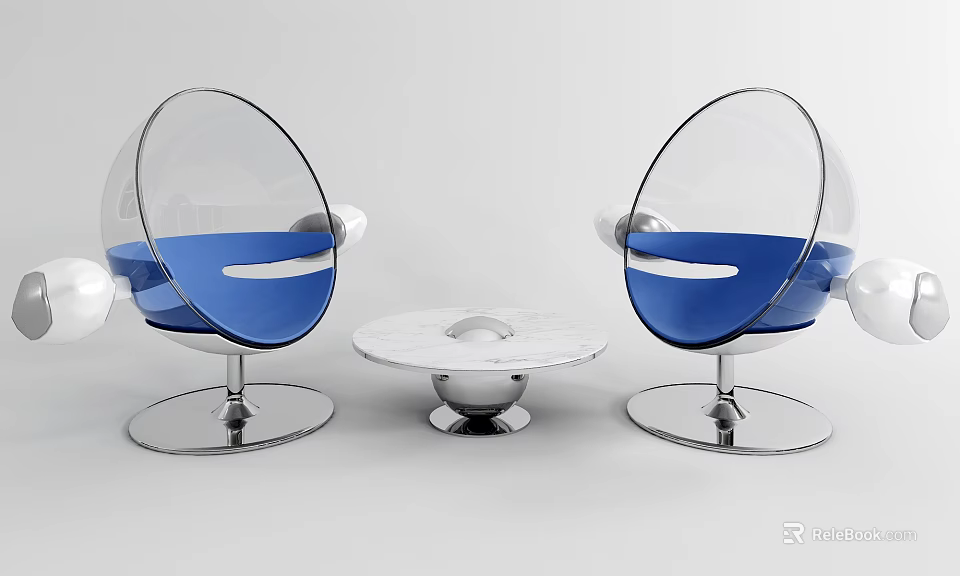 Modern Acrylic Sphere Leisure Chairs with Blue Cushions Chrome Bases and White Round Coffee Table 3d model 