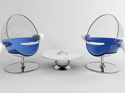 Modern Acrylic Sphere Leisure Chairs with Blue Cushions Chrome Bases and White Round Coffee Table 3d model