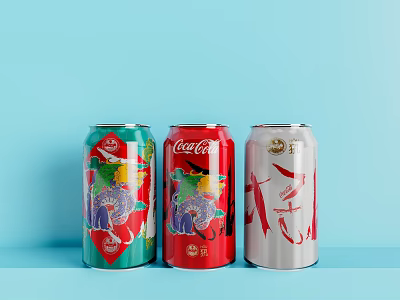 Three Different Colored Beverage Cans Green Red White On Blue Background 3d model