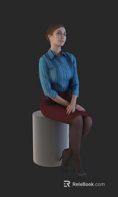 Woman in blue striped shirt and red skirt sitting on white cylindrical seat 3d model 