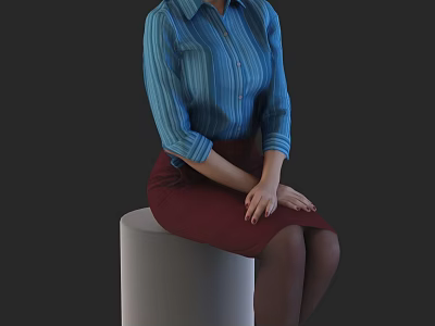 Woman in blue striped shirt and red skirt sitting on white cylindrical seat 3d model