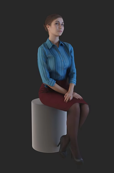 Woman in blue striped shirt and red skirt sitting on white cylindrical seat 3d model
