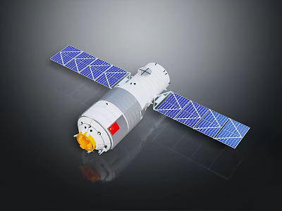 Spacecraft Module Equipment With Blue Solar Panels White Main Body And Red National Flag 3d model