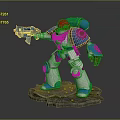 Blue White Red Armored Game Movie Robot Character Golden Details Holding Gun On Stone Base