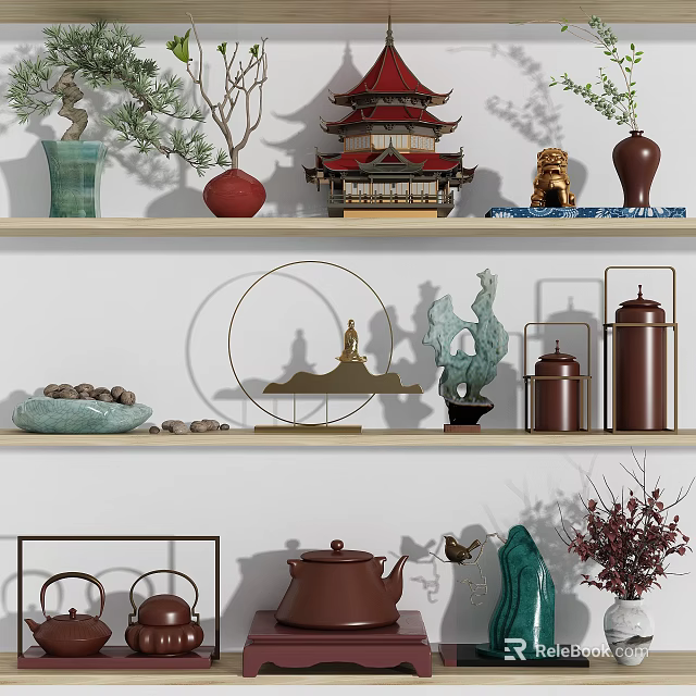 Decorative Ornament Combination on Wooden Shelves with Vases Pagoda Statue Teapot and Potted Plants 3d model 