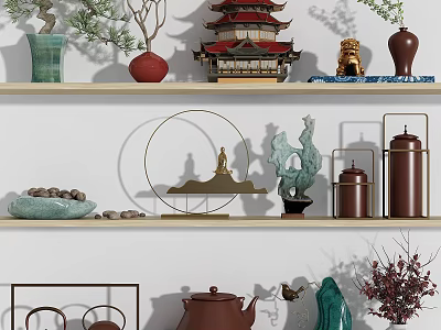 Decorative Ornament Combination on Wooden Shelves with Vases Pagoda Statue Teapot and Potted Plants 3d model