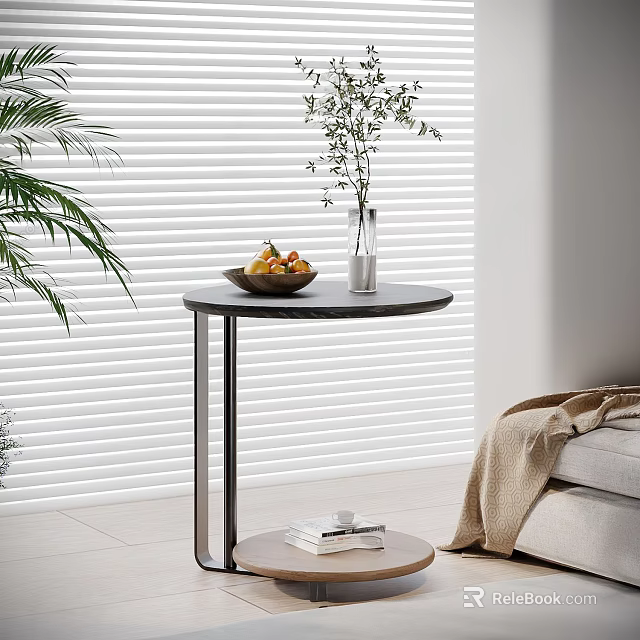 Modern Coffee Table with Vase Plant and Fruit Bowl in Living Room with Blinds and Sofa 3d model 