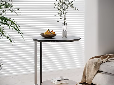 Modern Coffee Table with Vase Plant and Fruit Bowl in Living Room with Blinds and Sofa 3d model