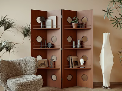 Wooden Room Divider With Circular Cutouts And Shelves Holding Decorative Items And Potted Plant 3d model