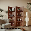 Wooden Room Divider With Circular Cutouts And Shelves Holding Decorative Items And Potted Plant