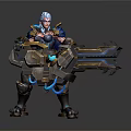 3D Armored Sci Fi Character With Blue Hair Large Mechanical Weapon And Glowing Accents