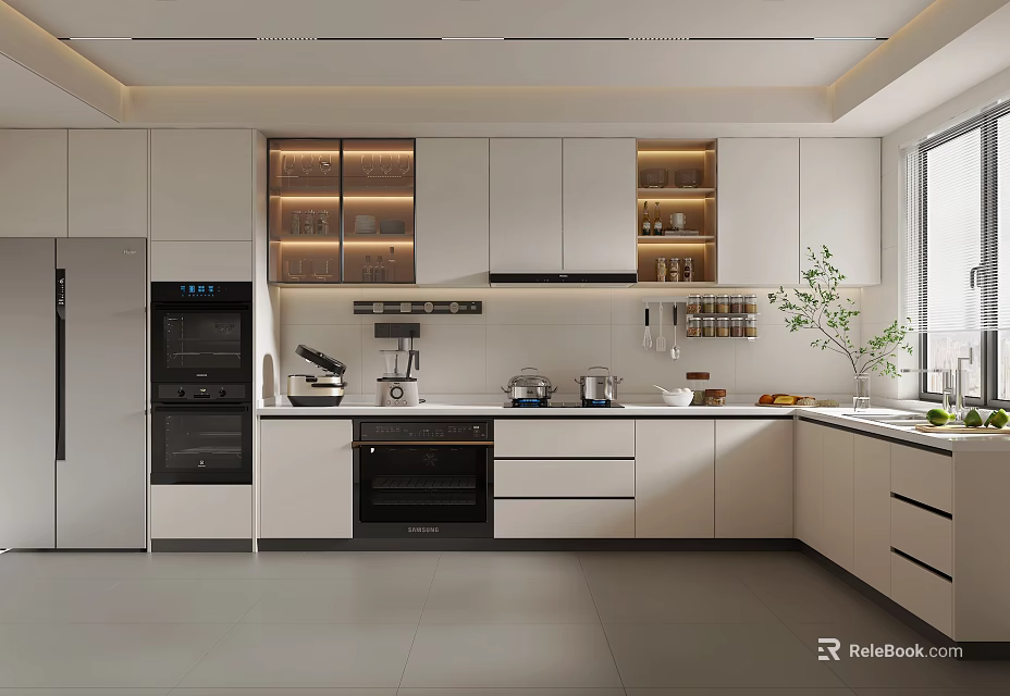 Modern White Kitchen Interior With Cabinets Appliances Countertop And Natural Lighting 3d model 