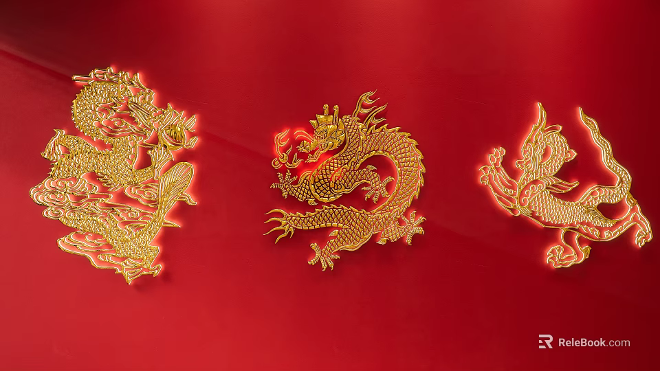 Three Golden Dragon Themed Wall Decor Pieces On Red Background 3d model 