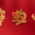 Three Golden Dragon Themed Wall Decor Pieces On Red Background 3d model