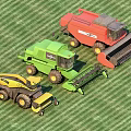 Utility Vehicles Green Red Yellow Combine Harvesters And Lawn Mower On Green Grass
