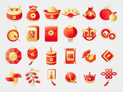Chinese Traditional Red Festive Ornaments With Lanterns Fortune Bags Drum And Couplets 3d model
