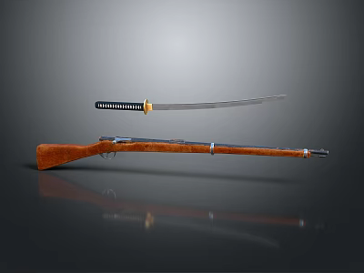 Traditional Weapons Display Featuring Katana With Black Handle And Rifle With Wooden Stock 3d model