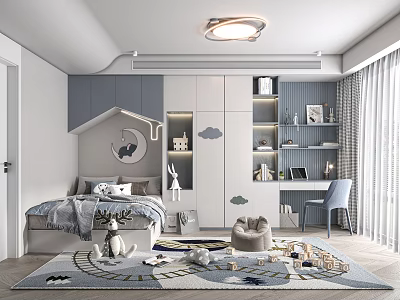 Cozy Kids Room Interior With Bed Cloud Moon Decor Bookshelves Desk Toys And Rug 3d model