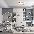 Cozy Kids Room Interior With Bed Cloud Moon Decor Bookshelves Desk Toys And Rug