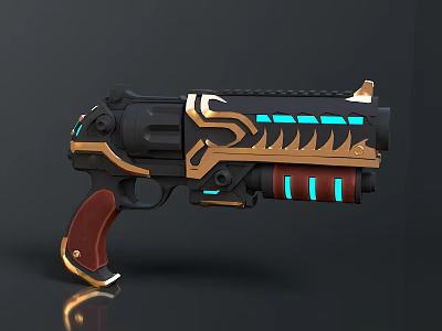 Futuristic Gun With Black Gold Design Blue Luminous Strips And Wooden Grip 3d model