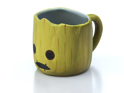 Yellow Tree Stump Shaped Mug With Cute Cartoon Face And Black Eyes 3d model