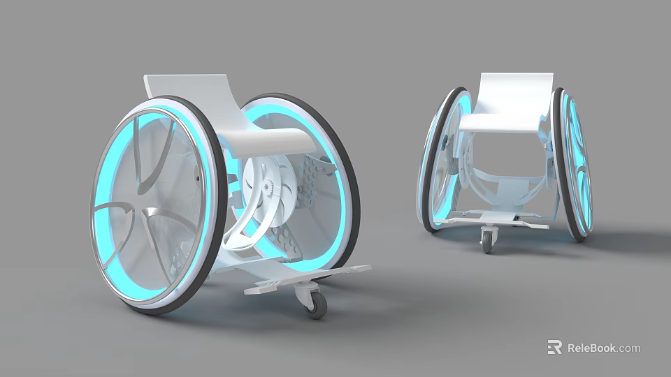 Futuristic Wheelchair Design With Illuminated Blue Wheels And White Seat Structure 3d model 