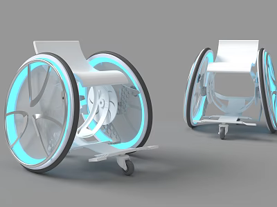 Futuristic Wheelchair Design With Illuminated Blue Wheels And White Seat Structure 3d model