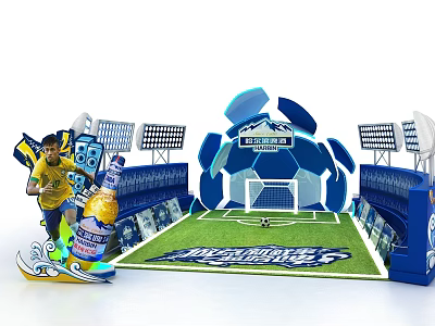 Football Stadium Scene With Green Field Player Beer Bottle Goalpost Stands And Billboards 3d model