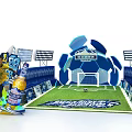 Football Stadium Scene With Green Field Player Beer Bottle Goalpost Stands And Billboards