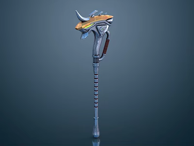 Fantasy Character Weapon Staff With Horned Creature Design And Red Stripes 3d model