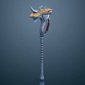 Fantasy Character Weapon Staff With Horned Creature Design And Red Stripes