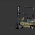 Worn Yellow And Green Industrial Forklift With Metal Forks And Cab
