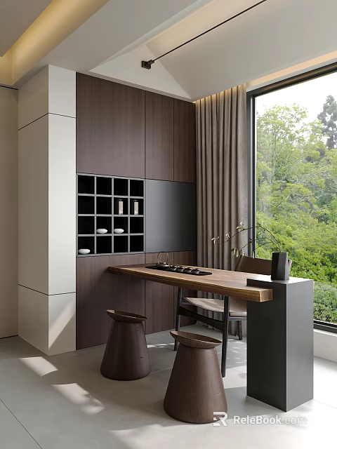 Modern Minimalist Solid Wood Tea Table And Chairs With Built In Storage Beside Large Window 3d model 