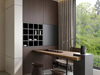 Modern Minimalist Solid Wood Tea Table And Chairs With Built In Storage Beside Large Window 3d model