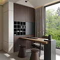 Modern Minimalist Solid Wood Tea Table And Chairs With Built In Storage Beside Large Window