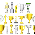Assorted Gold Silver Trophies and Medals with Unique Designs and Shapes
