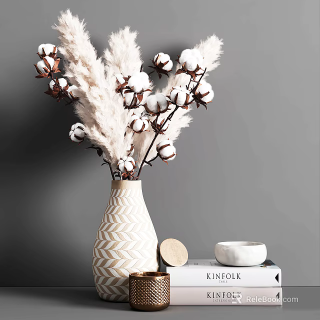 Cotton pampas grass in white gold zigzag pattern vase with wooden disc small bowl home interior 3d model 