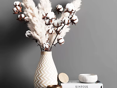 Cotton pampas grass in white gold zigzag pattern vase with wooden disc small bowl home interior 3d model