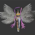 Fantasy Game Movie Character with Large Feather Wings Yellow Top White Outfit and Pink Accents
