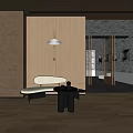 Elegant Minimalist Leisure Area Interior With Wooden Wall Hanging Lamp And Round Coffee Table