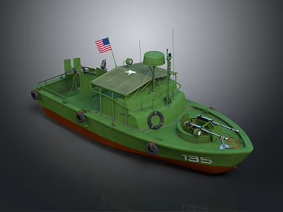 Green Military Ship With US Flag Lifebuoy And Number 135 3d model
