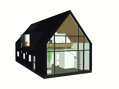 Modern Black Wooden House With Large Glass Windows Open Interior And Staircase 3d model