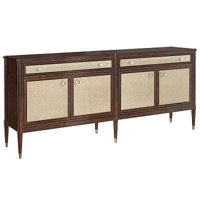 Elegant Dark Brown Wooden Dresser with Woven Door Panels Metal Handles and Slim Metal Legs 3d model